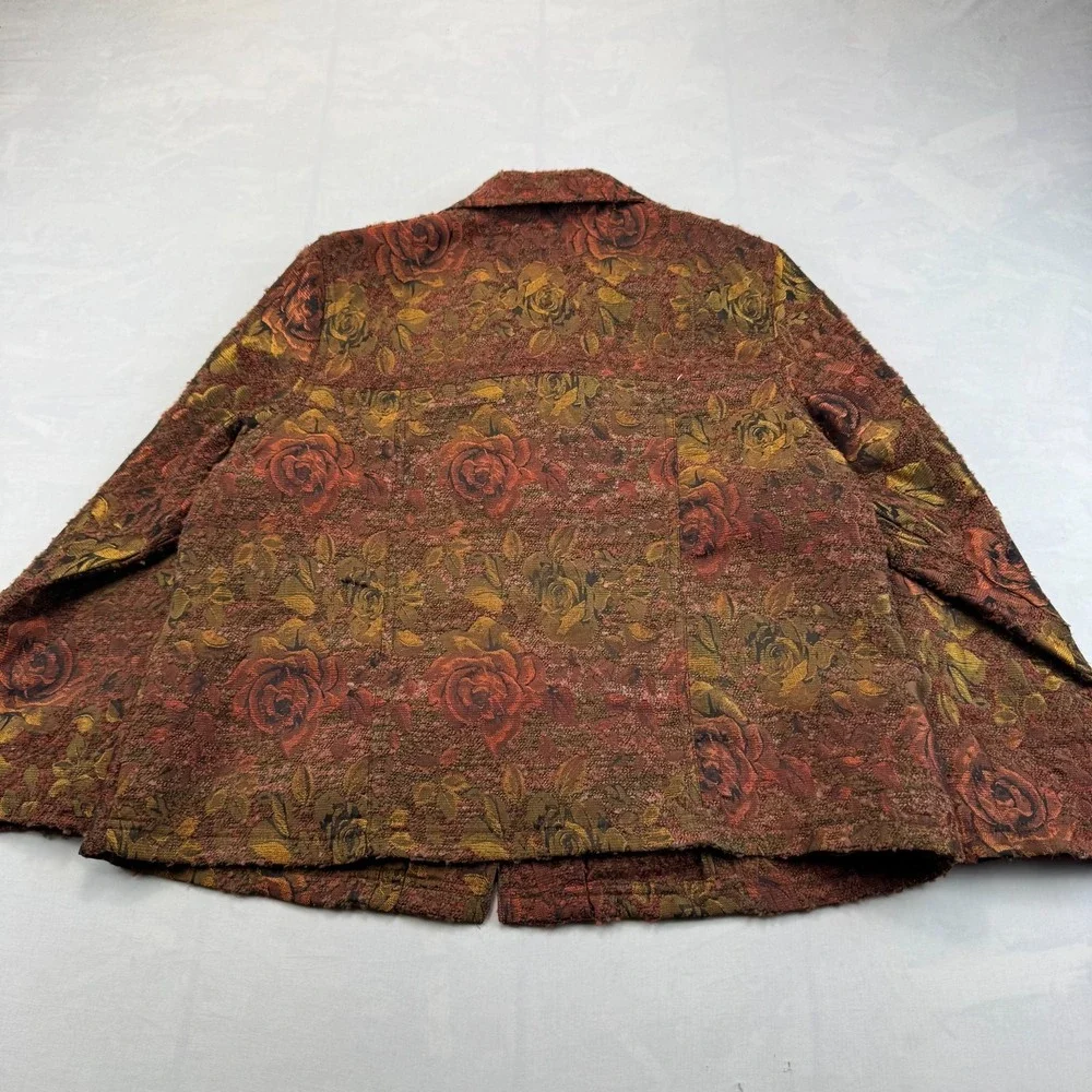 TanJay Tapestry Jacket Womens Petite 14P Brown Floral Long Sleeve Button Front